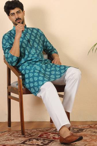 Ethnic motifs jaipuri printed 100% cotton teal blue kurta with pyjamas