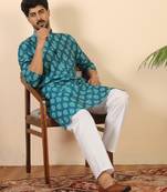 Ethnic motifs jaipuri printed 100% cotton teal blue kurta with pyjamas