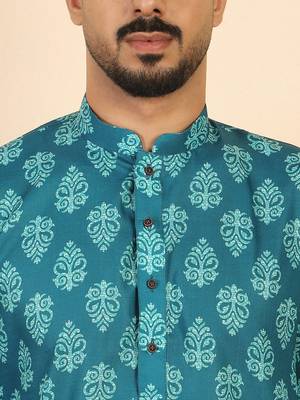 Ethnic motifs jaipuri printed 100% cotton teal blue kurta with pyjamas 2