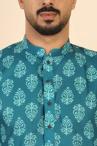 Ethnic motifs jaipuri printed 100% cotton teal blue kurta with pyjamas