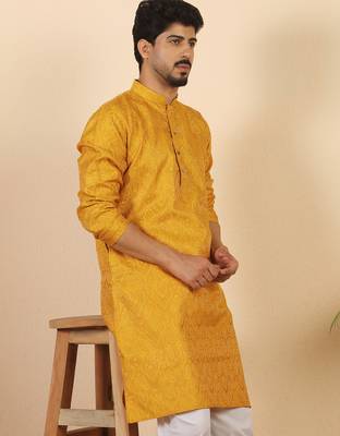 Ethinic motifs jacquard mustard festive kurta with pyjamas 5
