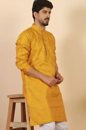 Ethinic motifs jacquard mustard festive kurta with pyjamas