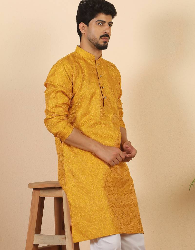 Ethinic motifs jacquard mustard festive kurta with pyjamas