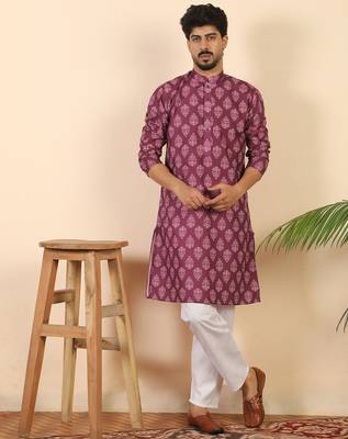 Ethnic motifs jaipuri printed 100% cotton wine kurta with pyjamas 1