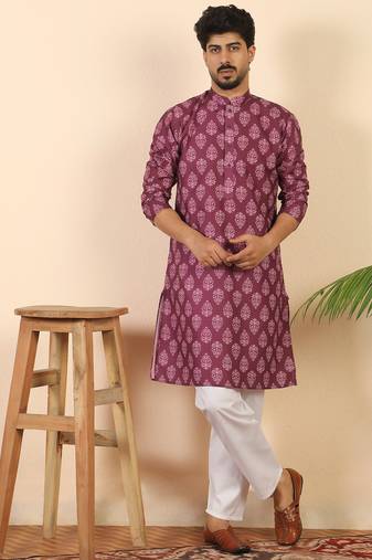 Ethnic motifs jaipuri printed 100% cotton wine kurta with pyjamas