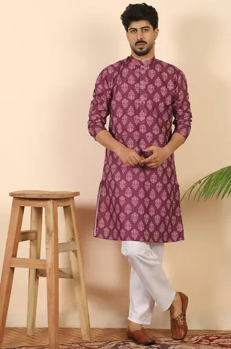 Ethnic motifs jaipuri printed 100% cotton wine kurta with pyjamas