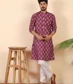 Ethnic motifs jaipuri printed 100% cotton wine kurta with pyjamas