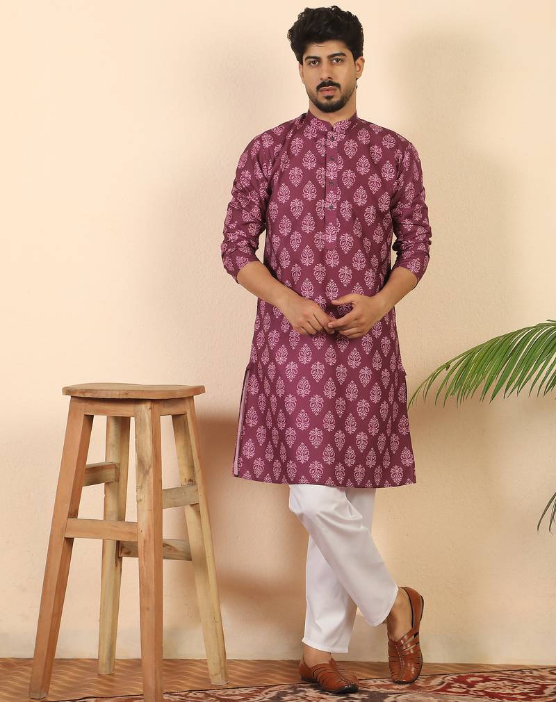 Ethnic motifs jaipuri printed 100% cotton wine kurta with pyjamas