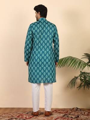 Ethnic motifs jaipuri printed 100% cotton teal blue kurta with pyjamas 3