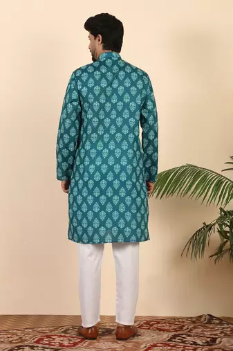 Ethnic motifs jaipuri printed 100% cotton teal blue kurta with pyjamas