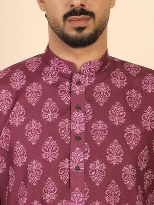 Ethnic motifs jaipuri printed 100% cotton wine kurta with pyjamas 2