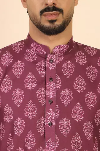 Ethnic motifs jaipuri printed 100% cotton wine kurta with pyjamas