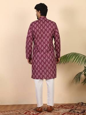 Ethnic motifs jaipuri printed 100% cotton wine kurta with pyjamas 3