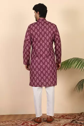 Ethnic motifs jaipuri printed 100% cotton wine kurta with pyjamas