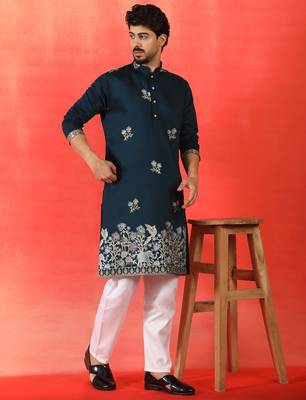 Cotton silk ethnic motifs embroidered navy blue kurta with pyjamas 1