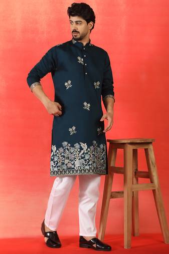 Cotton silk ethnic motifs embroidered navy blue kurta with pyjamas