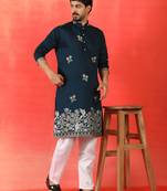 Cotton silk ethnic motifs embroidered navy blue kurta with pyjamas