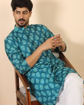 Ethnic motifs jaipuri printed 100% cotton teal blue kurta with pyjamas 5