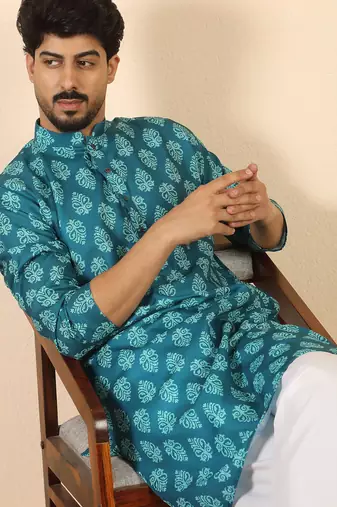 Ethnic motifs jaipuri printed 100% cotton teal blue kurta with pyjamas