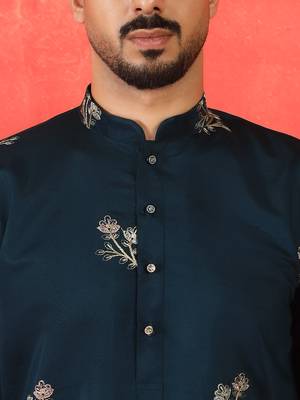 Cotton silk ethnic motifs embroidered navy blue kurta with pyjamas 2
