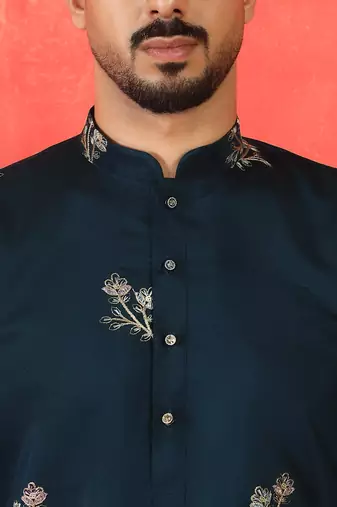 Cotton silk ethnic motifs embroidered navy blue kurta with pyjamas