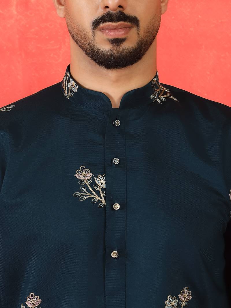 Cotton silk ethnic motifs embroidered navy blue kurta with pyjamas