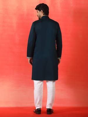 Cotton silk ethnic motifs embroidered navy blue kurta with pyjamas 3