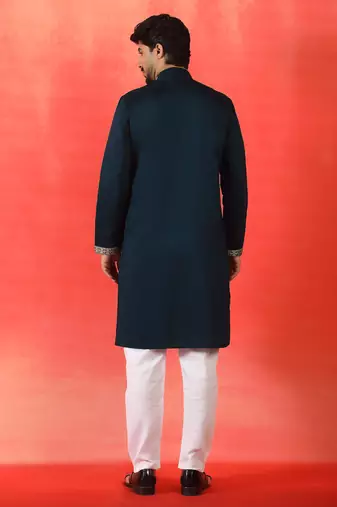 Cotton silk ethnic motifs embroidered navy blue kurta with pyjamas