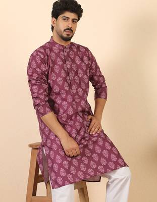 Ethnic motifs jaipuri printed 100% cotton wine kurta with pyjamas 5