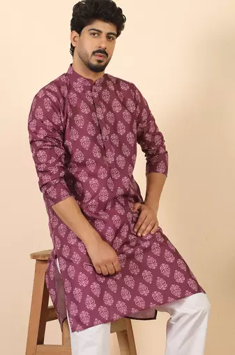 Ethnic motifs jaipuri printed 100% cotton wine kurta with pyjamas