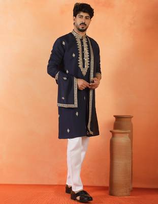 Cotton silk sequenced & embroidered navy blue kurta set with dupatta 1