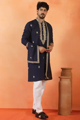 Cotton silk sequenced & embroidered navy blue kurta set with dupatta