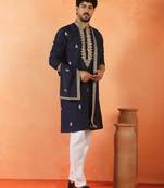 Cotton silk sequenced & embroidered navy blue kurta set with dupatta