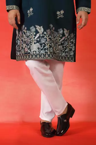 Cotton silk ethnic motifs embroidered navy blue kurta with pyjamas
