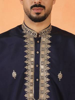 Cotton silk sequenced & embroidered navy blue kurta set with dupatta 2
