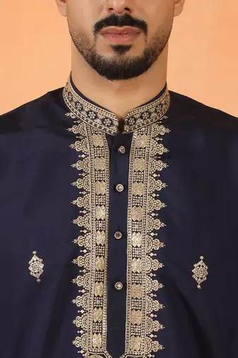 Cotton silk sequenced & embroidered navy blue kurta set with dupatta
