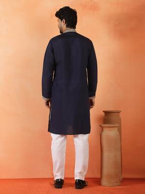 Cotton silk sequenced & embroidered navy blue kurta set with dupatta 3