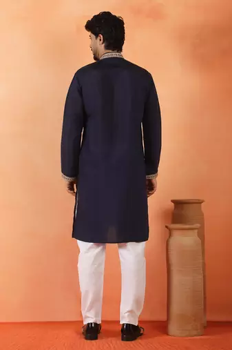 Cotton silk sequenced & embroidered navy blue kurta set with dupatta