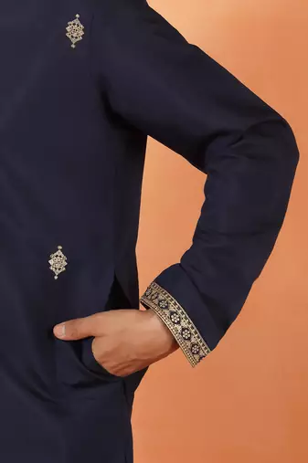 Cotton silk sequenced & embroidered navy blue kurta set with dupatta