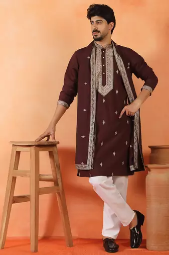 Cotton silk yoke design embroidered wine kurta set with dupatta