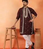Cotton silk yoke design embroidered wine kurta set with dupatta