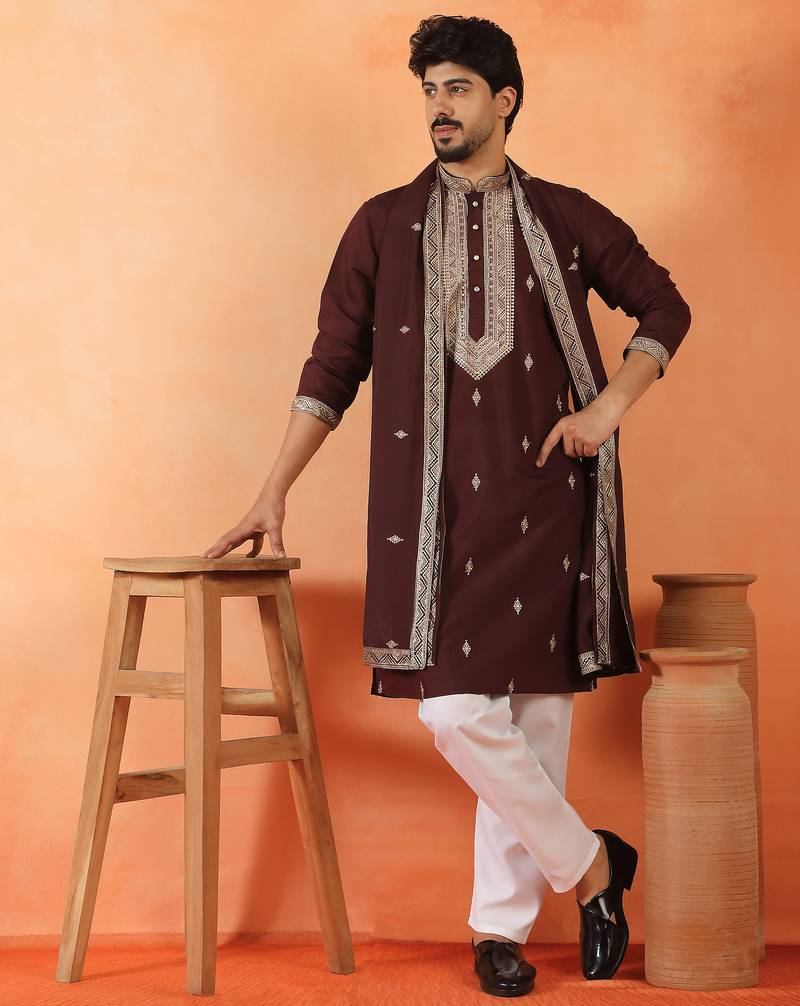 Cotton silk yoke design embroidered wine kurta set with dupatta