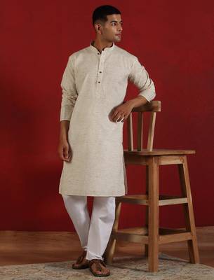 Khadi cotton solid knee length off white kurta and pyjama 1