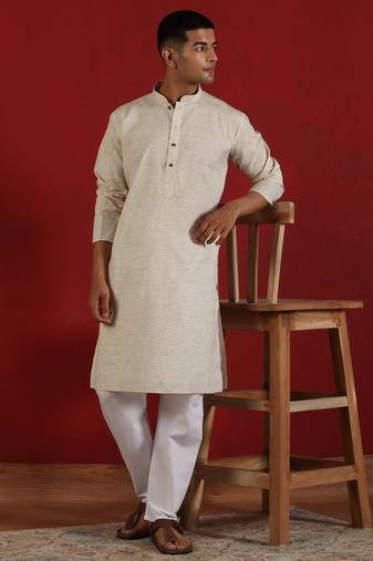 Khadi cotton solid knee length off white kurta and pyjama