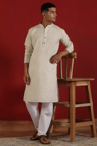 Khadi cotton solid knee length off white kurta and pyjama