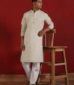 Khadi cotton solid knee length off white kurta and pyjama
