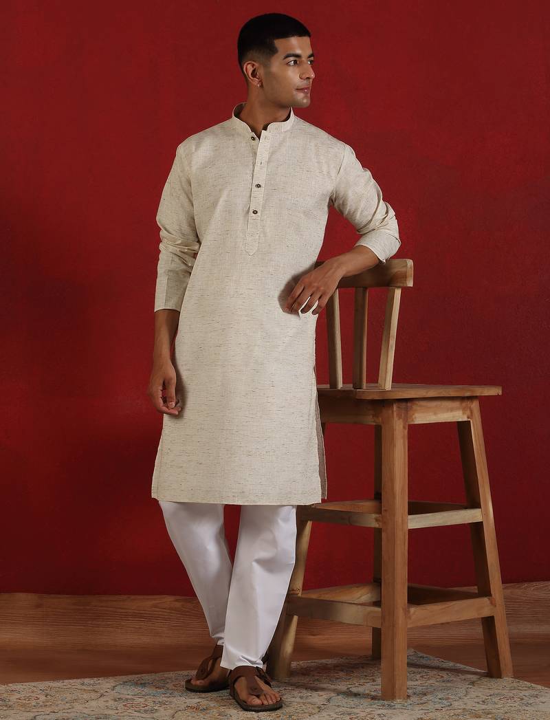 Khadi cotton solid knee length off white kurta and pyjama