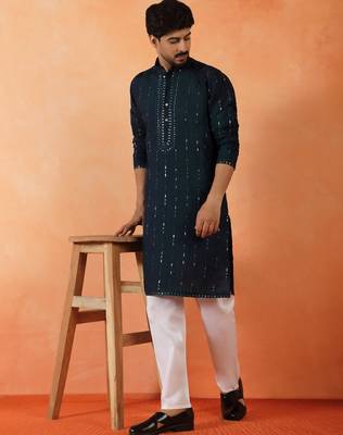 Cotton silk sequenced & embroidered navy blue festive kurta with pyjamas 1