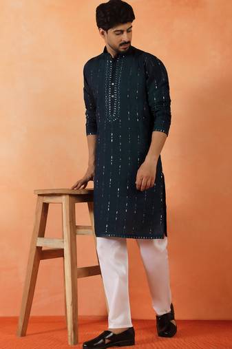 Cotton silk sequenced & embroidered navy blue festive kurta with pyjamas
