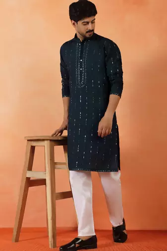 Cotton silk sequenced & embroidered navy blue festive kurta with pyjamas